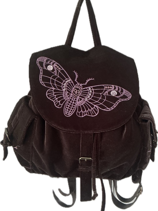 Disturbia Handbags - Disturbia Black Velvet Backpack with Lilac Moth / Butterfly Embroidery